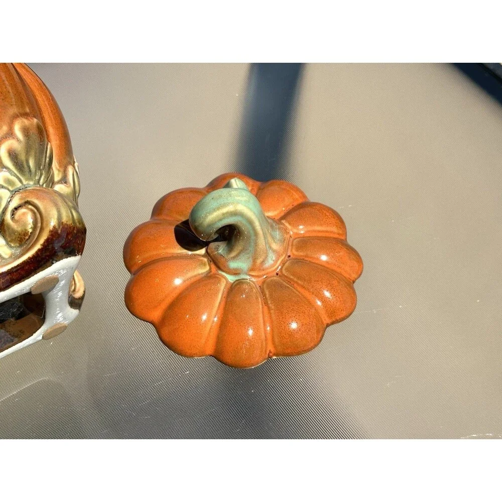 Pumpkin Ceramic Cookie Candy Jar Autumn Fall Halloween w/ Lid Orange Green Stem